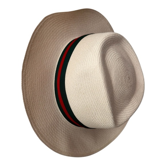 Handcrafted Straw Panama Style Hat with Green and Red Grosgrain Ribbon - Picture 3 of 7
